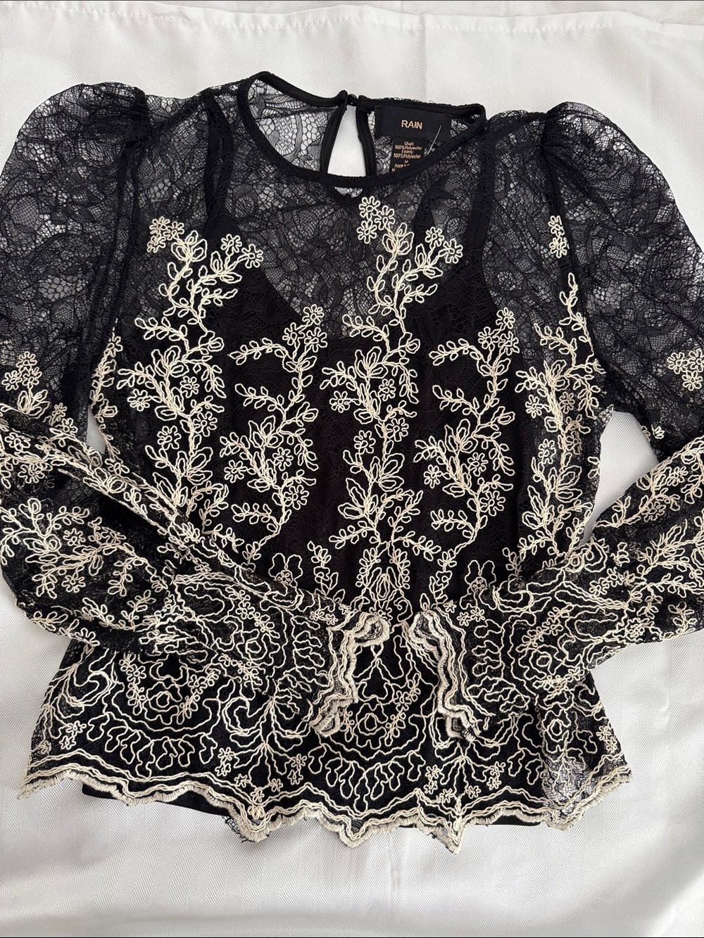 RAIN Black Lace Blouse with Cream Floral Embroidery